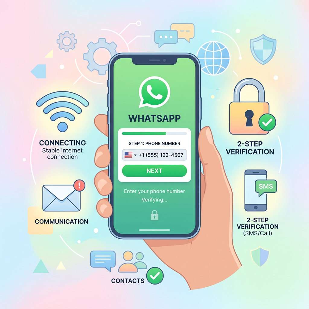 展示注册WhatsApp账号的现代插图，包含手机和安全符号